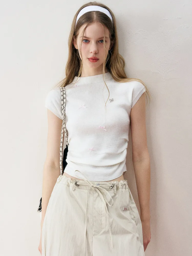 Romantic Bow Shirred Cashmere Wool Knit Top