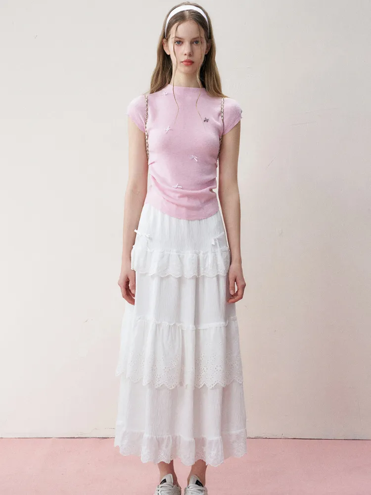 Romantic Bow Shirred Cashmere Wool Knit Top