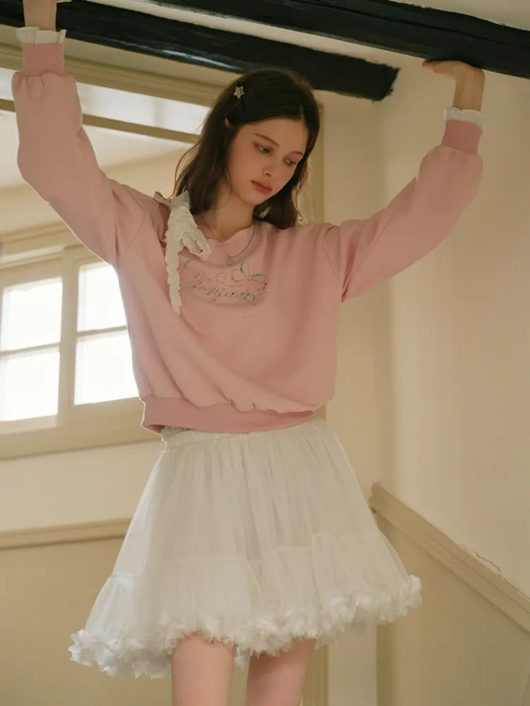 Romantic Ribbon Off-Shoulder Sweatshirt