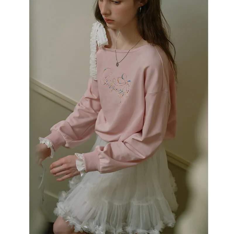 Romantic Ribbon Off-Shoulder Sweatshirt