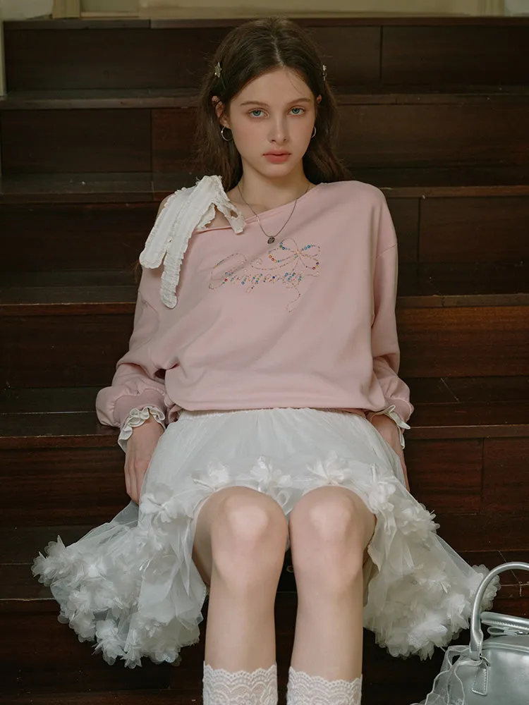 Romantic Ribbon Off-Shoulder Sweatshirt