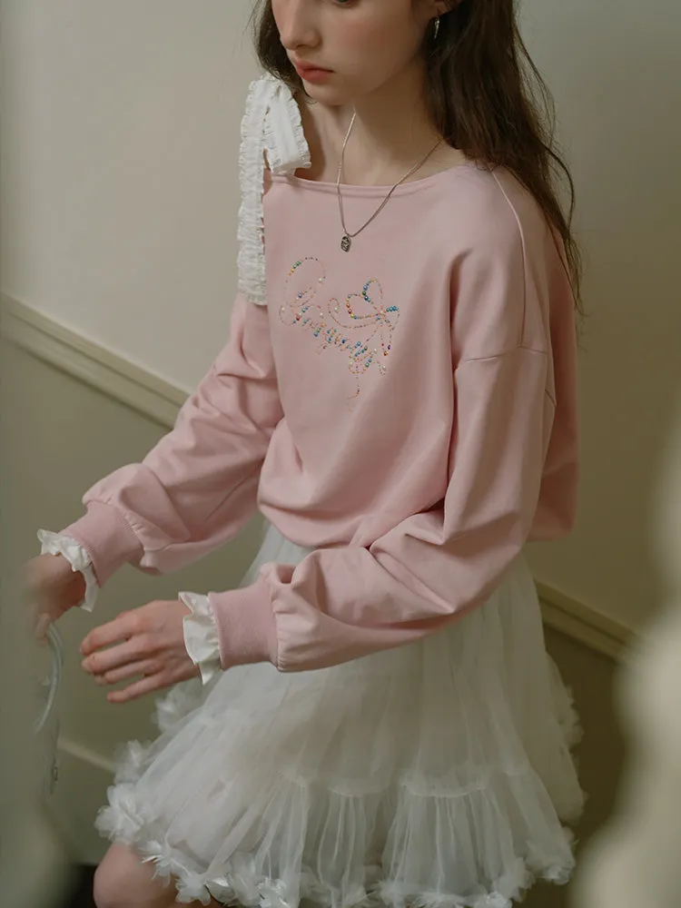 Romantic Ribbon Off-Shoulder Sweatshirt