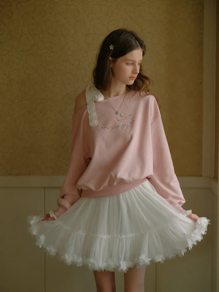 Romantic Ribbon Off-Shoulder Sweatshirt
