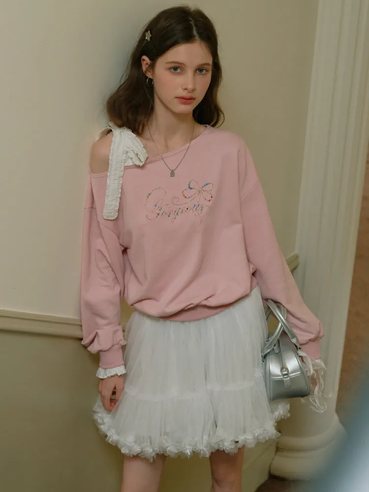 Romantic Ribbon Off-Shoulder Sweatshirt