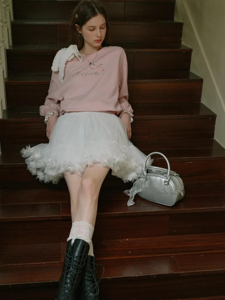 Romantic Ribbon Off-Shoulder Sweatshirt