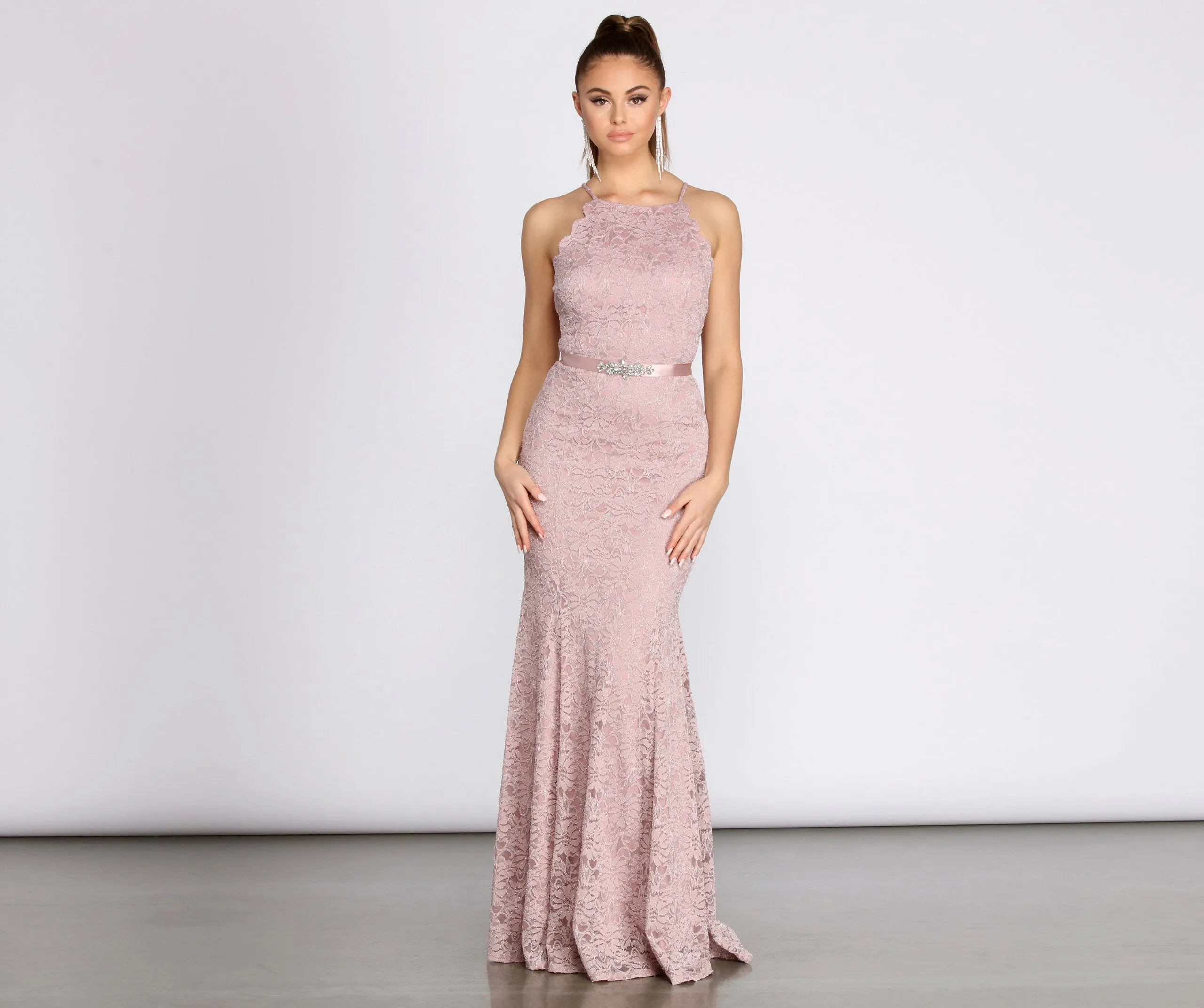 Rosella Lace Scallop Rhinestone Graceful Ribbon Belt Mermaid Dress