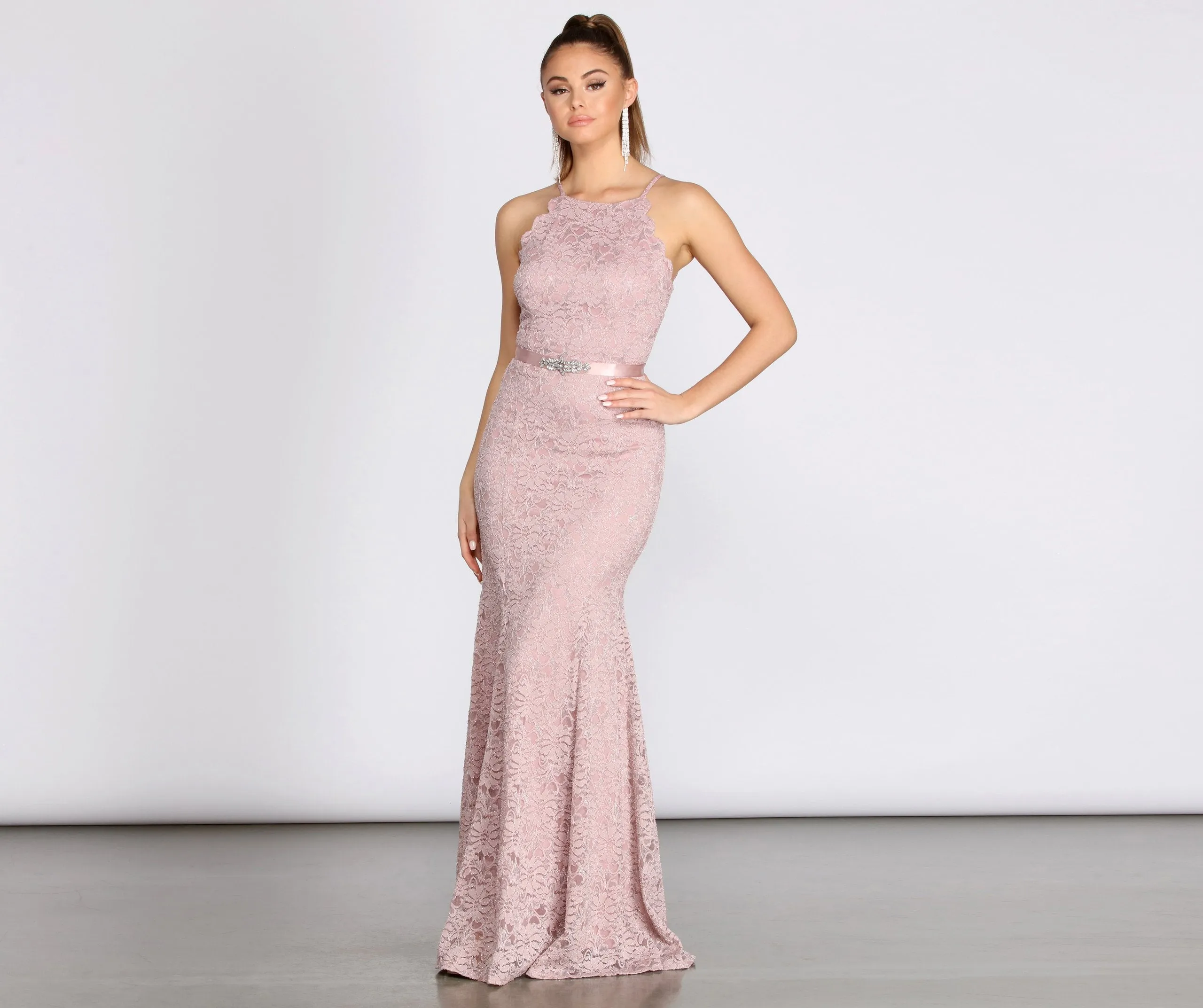 Rosella Lace Scallop Rhinestone Graceful Ribbon Belt Mermaid Dress