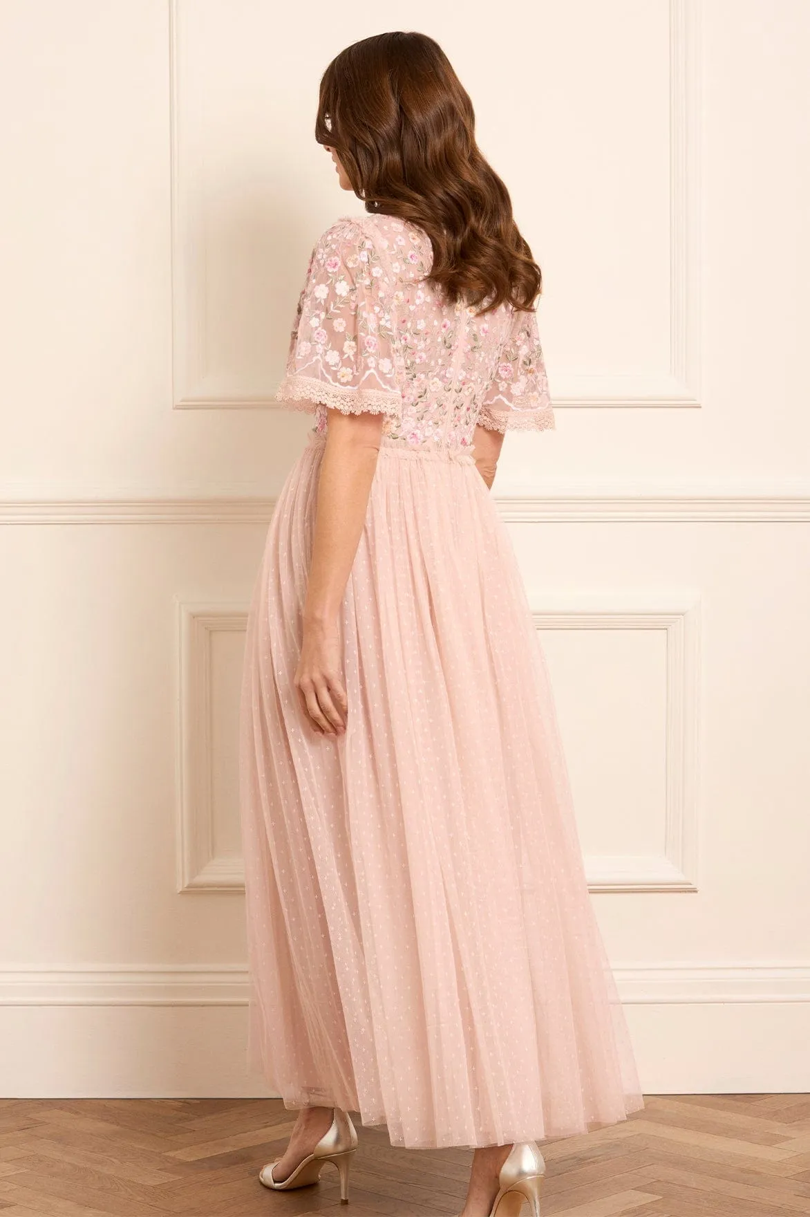 Rosie Lace Bodice Short Sleeve V-Neck Ankle Gown