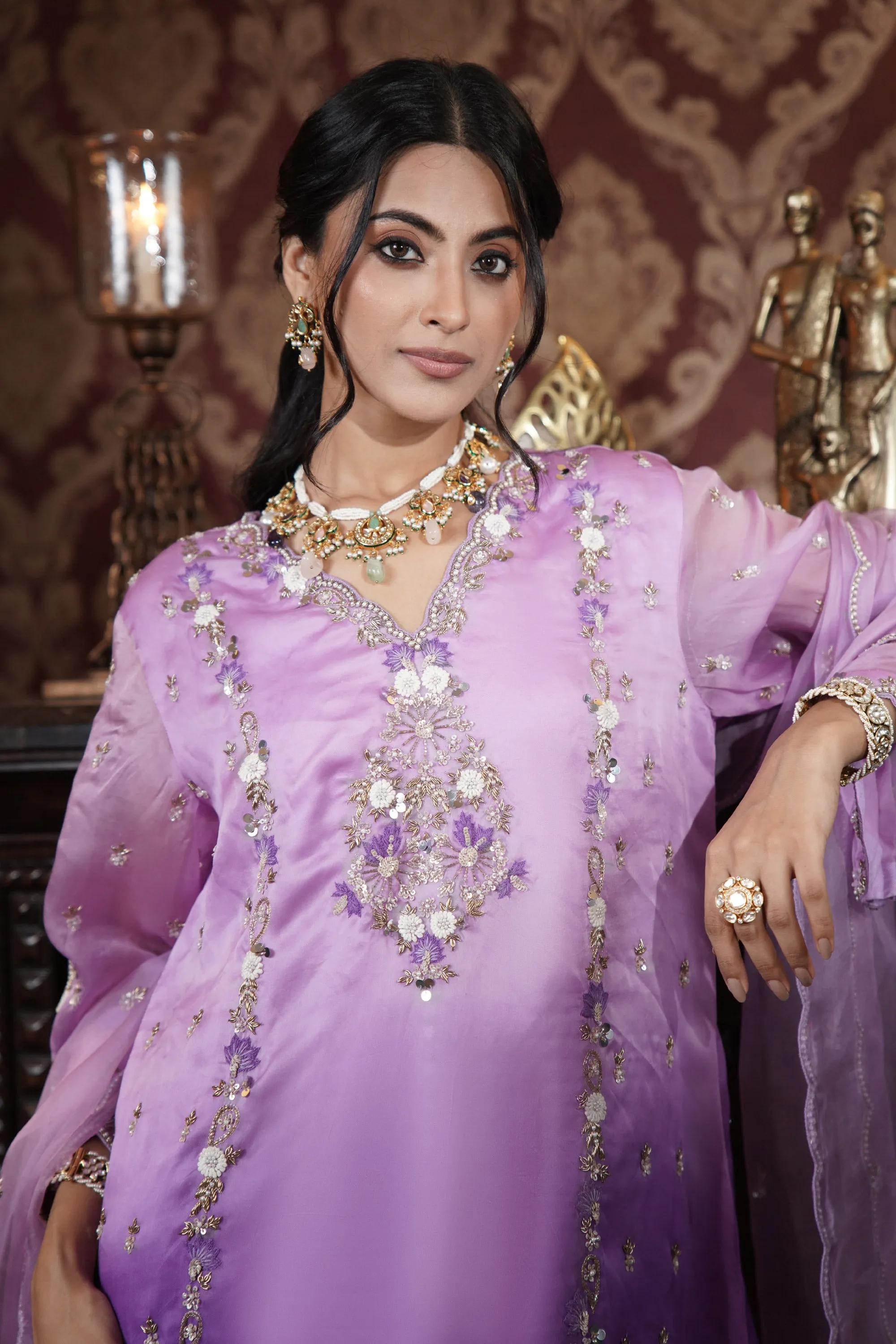 Royal Plum Organza Kurta Set