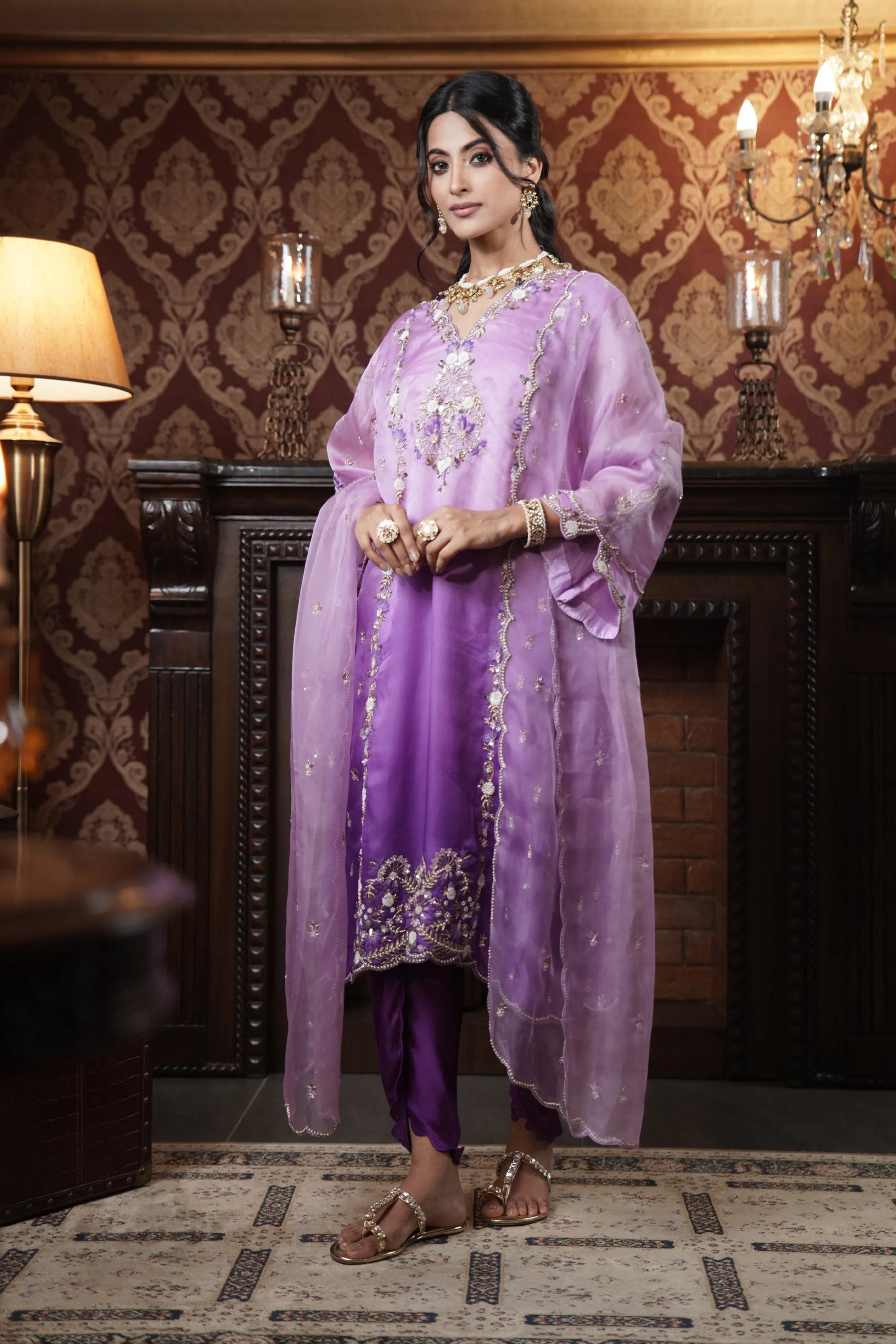 Royal Plum Organza Kurta Set