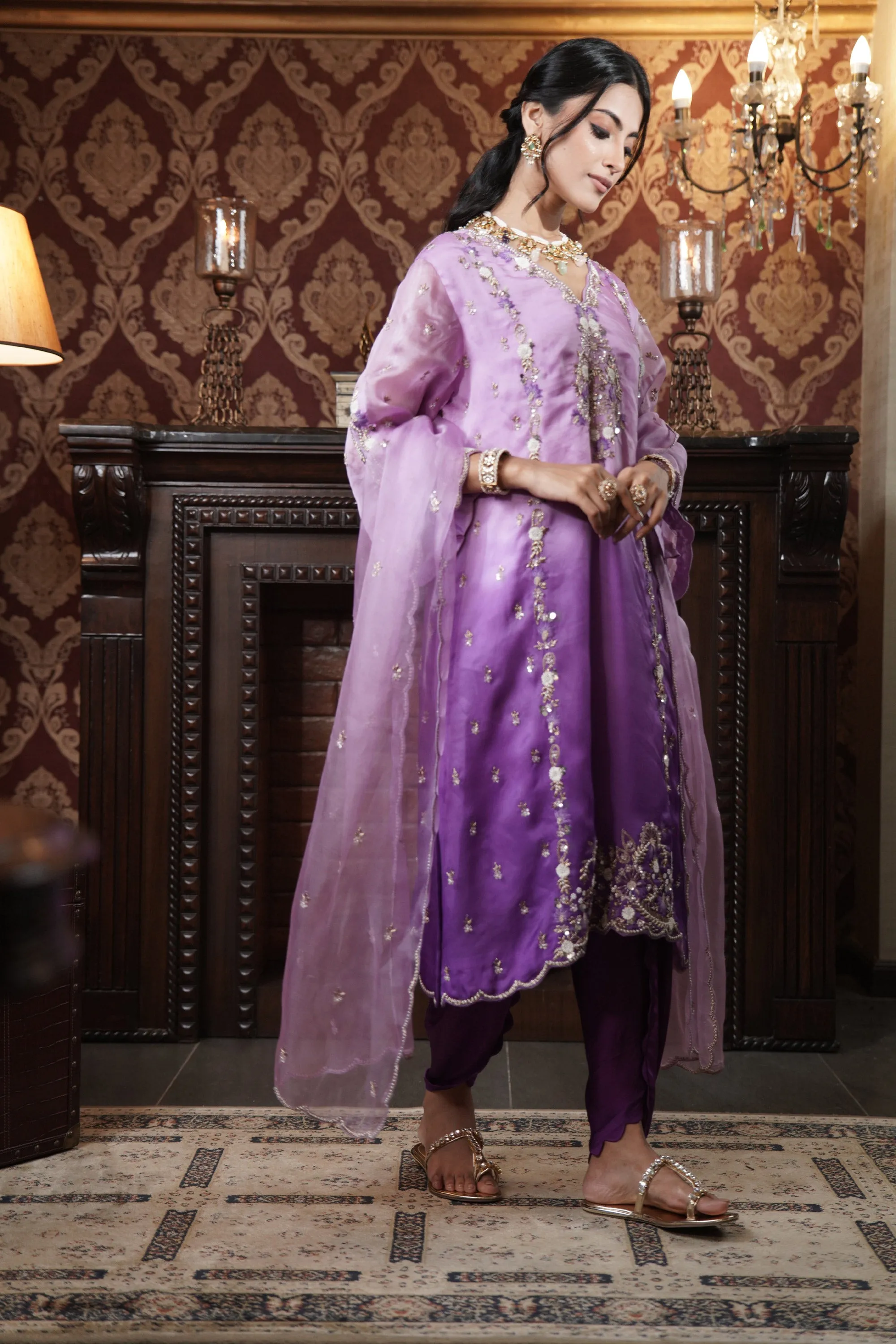 Royal Plum Organza Kurta Set