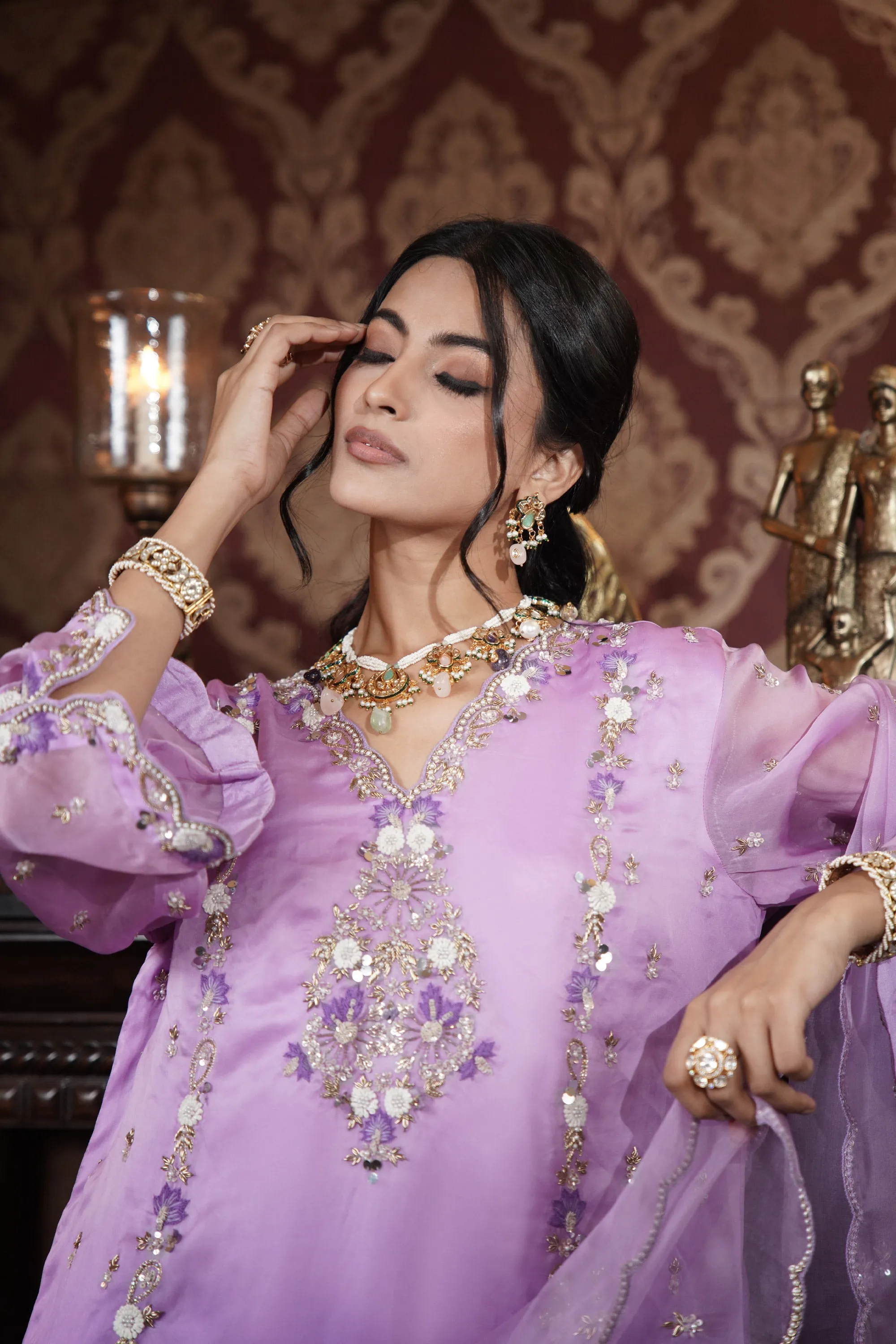 Royal Plum Organza Kurta Set