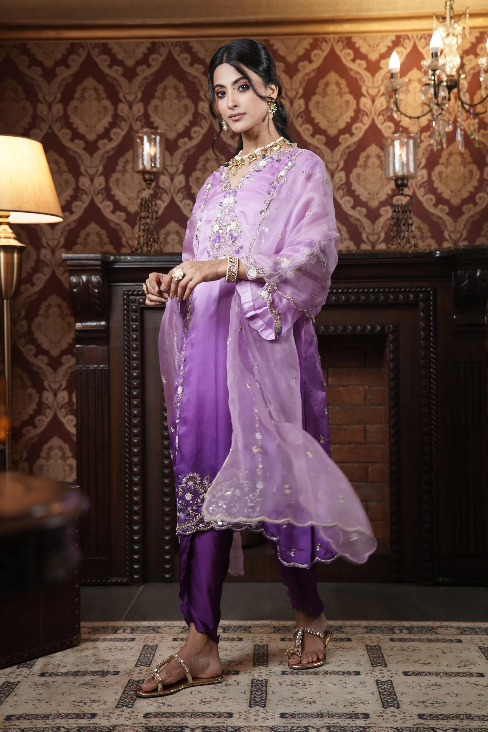 Royal Plum Organza Kurta Set