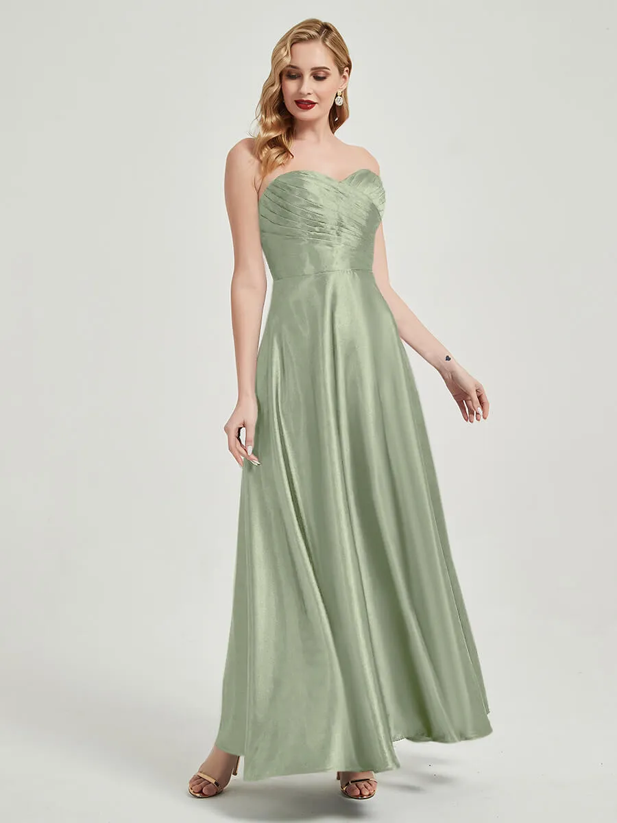 Sage Green Satin Sweetheart Strapless Floor Length Pleated Bridesmaid Dress