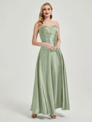 Sage Green Satin Sweetheart Strapless Floor Length Pleated Bridesmaid Dress