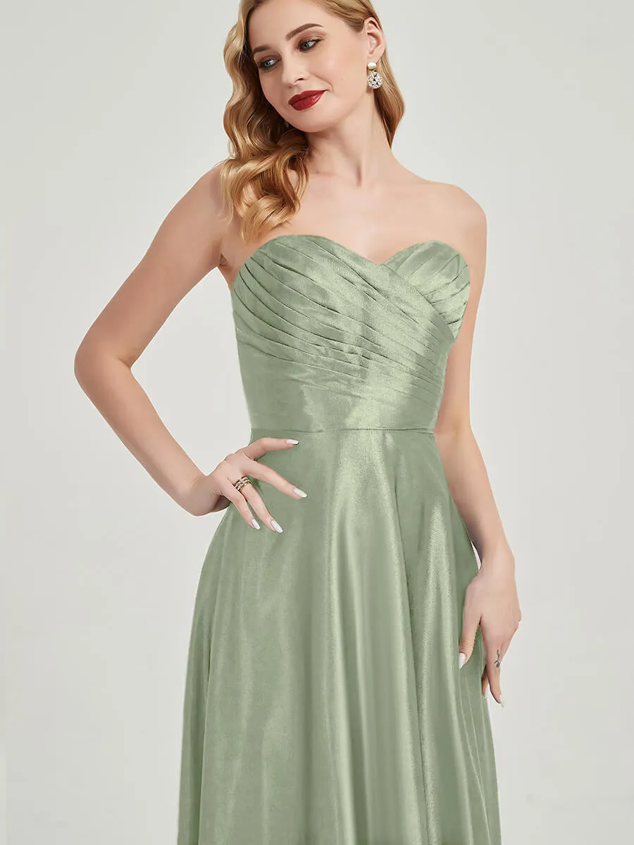 Sage Green Satin Sweetheart Strapless Floor Length Pleated Bridesmaid Dress