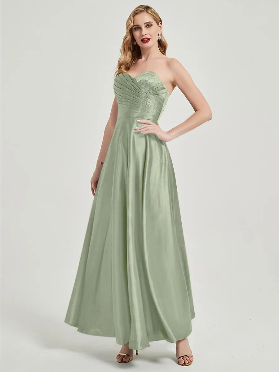 Sage Green Satin Sweetheart Strapless Floor Length Pleated Bridesmaid Dress
