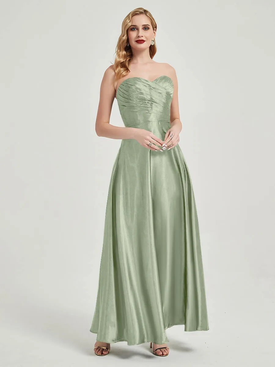 Sage Green Satin Sweetheart Strapless Floor Length Pleated Bridesmaid Dress