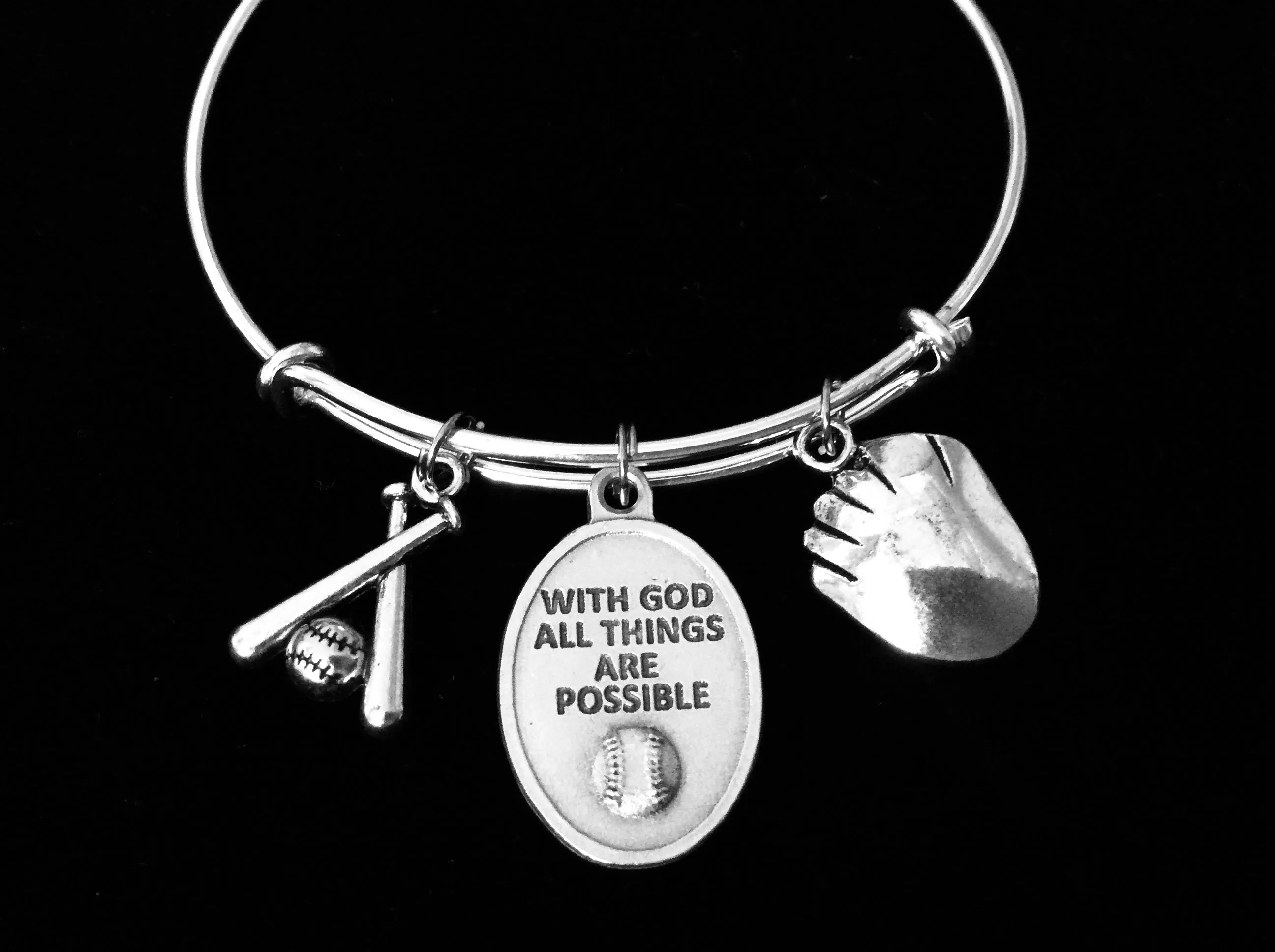 Saint Sebastian Patron Saint of Sports Baseball Jewelry Adjustable Bracelet Silver Expandable Charm Bangle  Baseball Glove Bats One Size Fits All Inspirational Gift