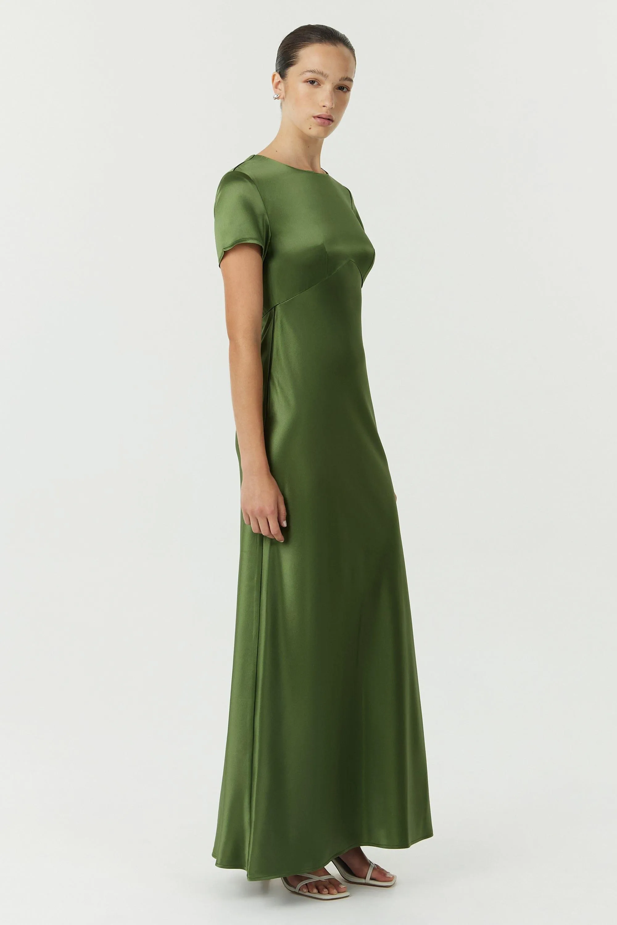 SATIN BIAS MAXI TEE DRESS | OLIVE