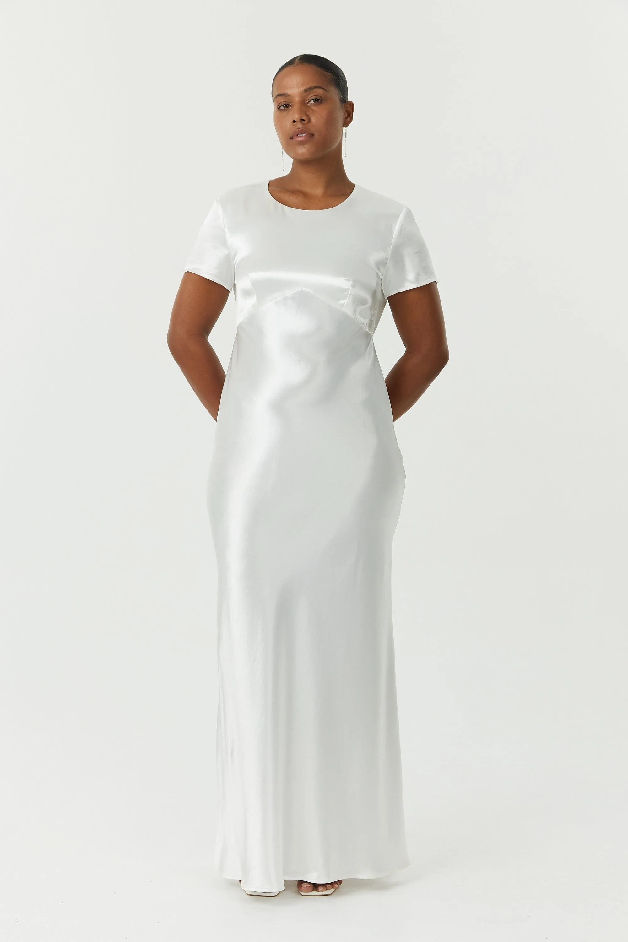 SATIN BIAS MAXI TEE DRESS | POWDER WHITE