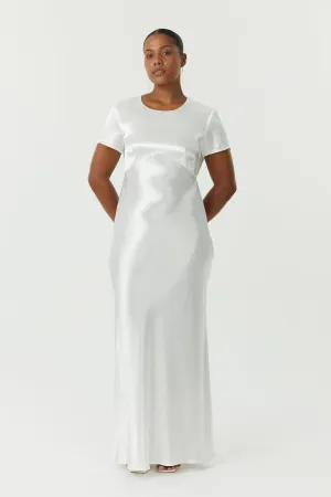 SATIN BIAS MAXI TEE DRESS | POWDER WHITE
