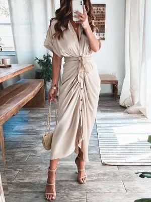Satin Button Down Style Drape Dress