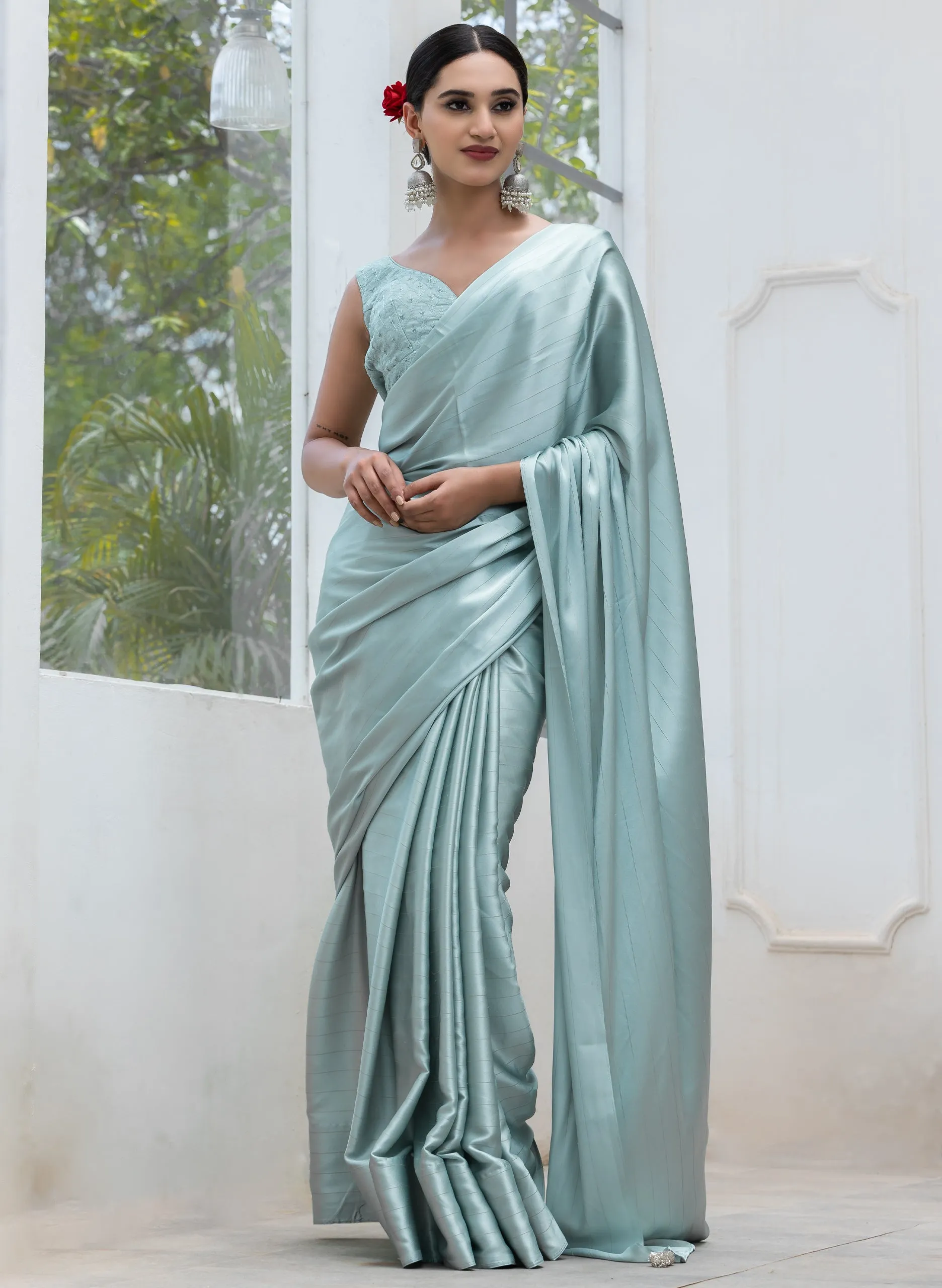 Sea Crystal Mint Green Satin Stripe Saree with Embroidered Blouse Fabric
