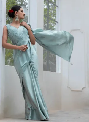 Sea Crystal Mint Green Satin Stripe Saree with Embroidered Blouse Fabric
