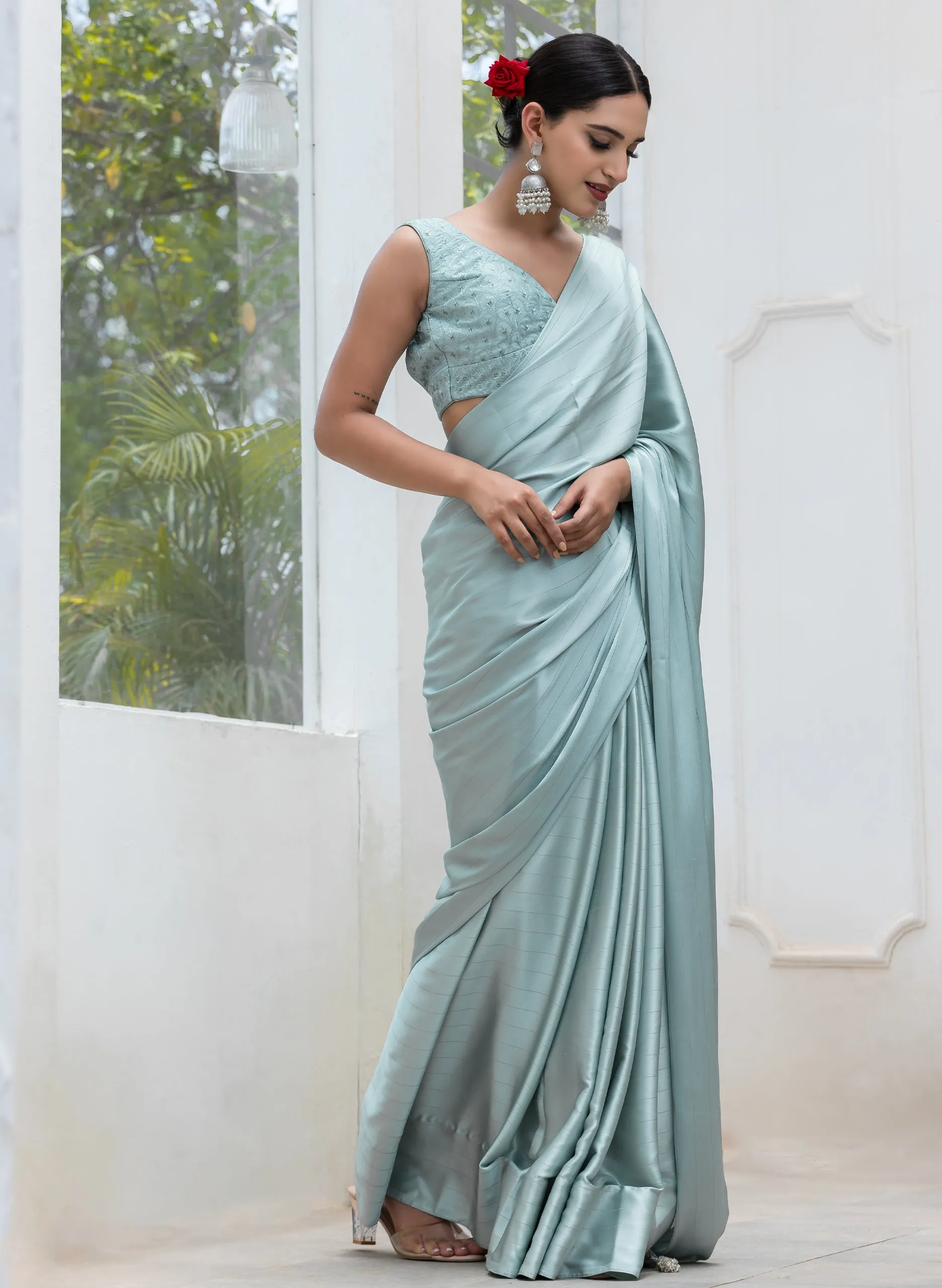 Sea Crystal Mint Green Satin Stripe Saree with Embroidered Blouse Fabric