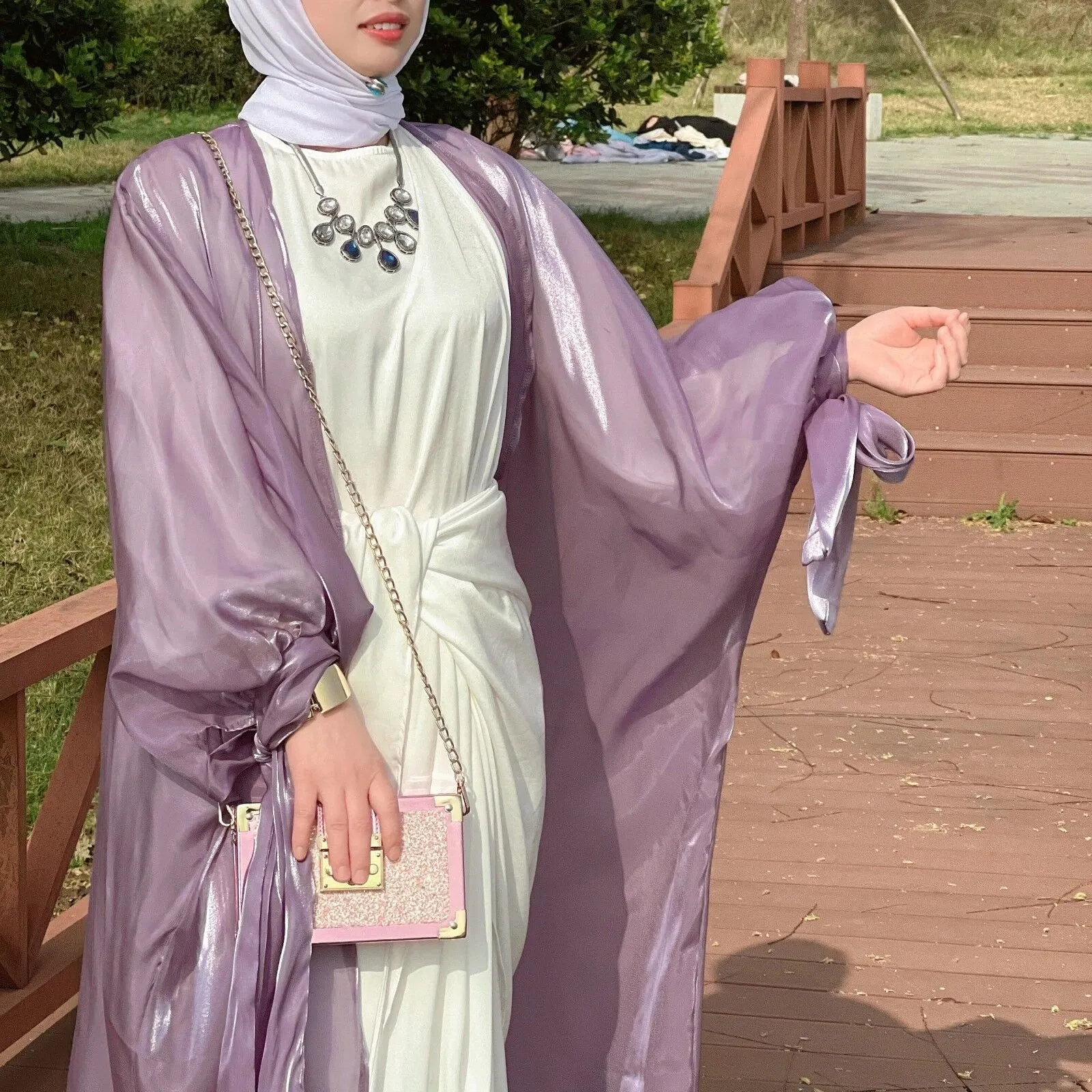 Shinny Women Open Abaya With Ribbon Cuff