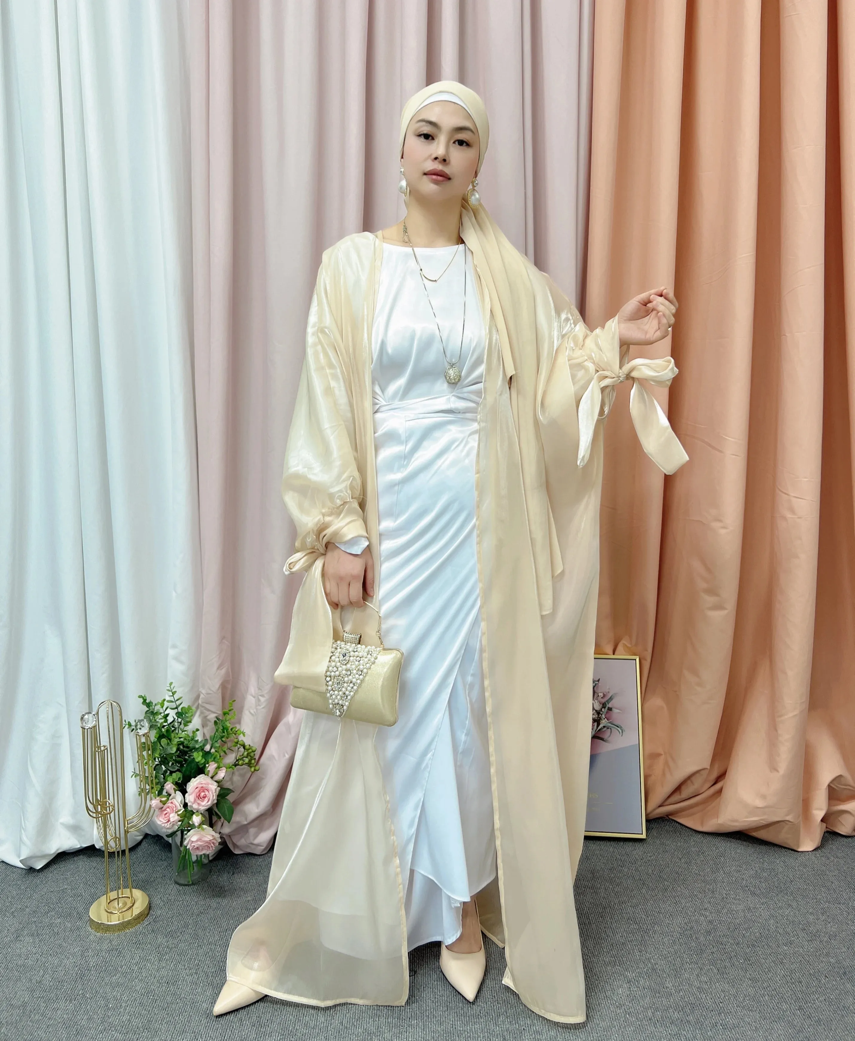 Shinny Women Open Abaya With Ribbon Cuff