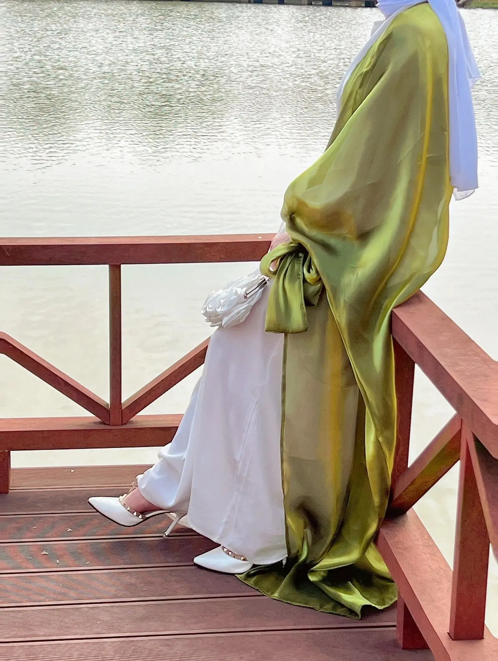 Shinny Women Open Abaya With Ribbon Cuff