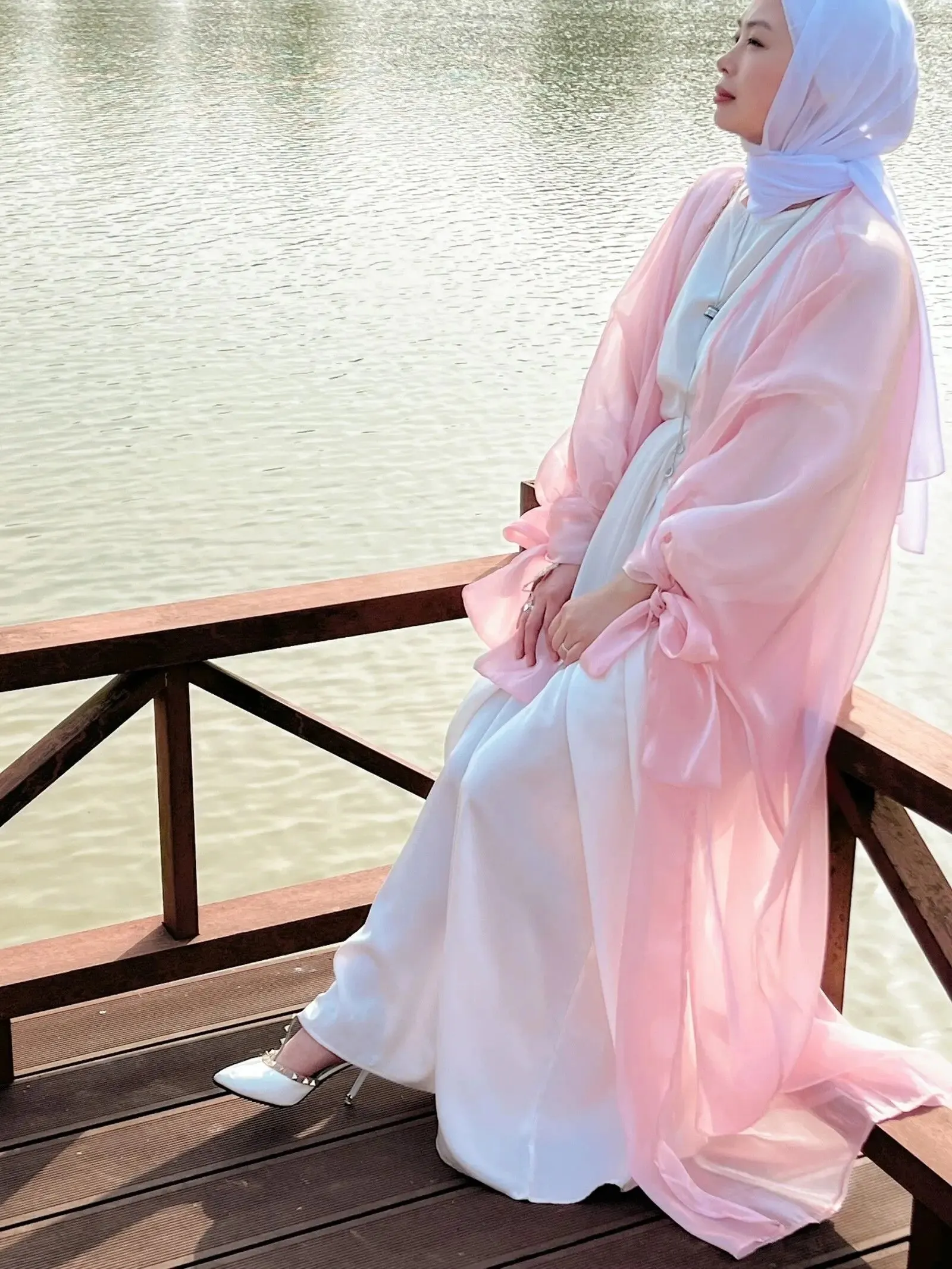 Shinny Women Open Abaya With Ribbon Cuff
