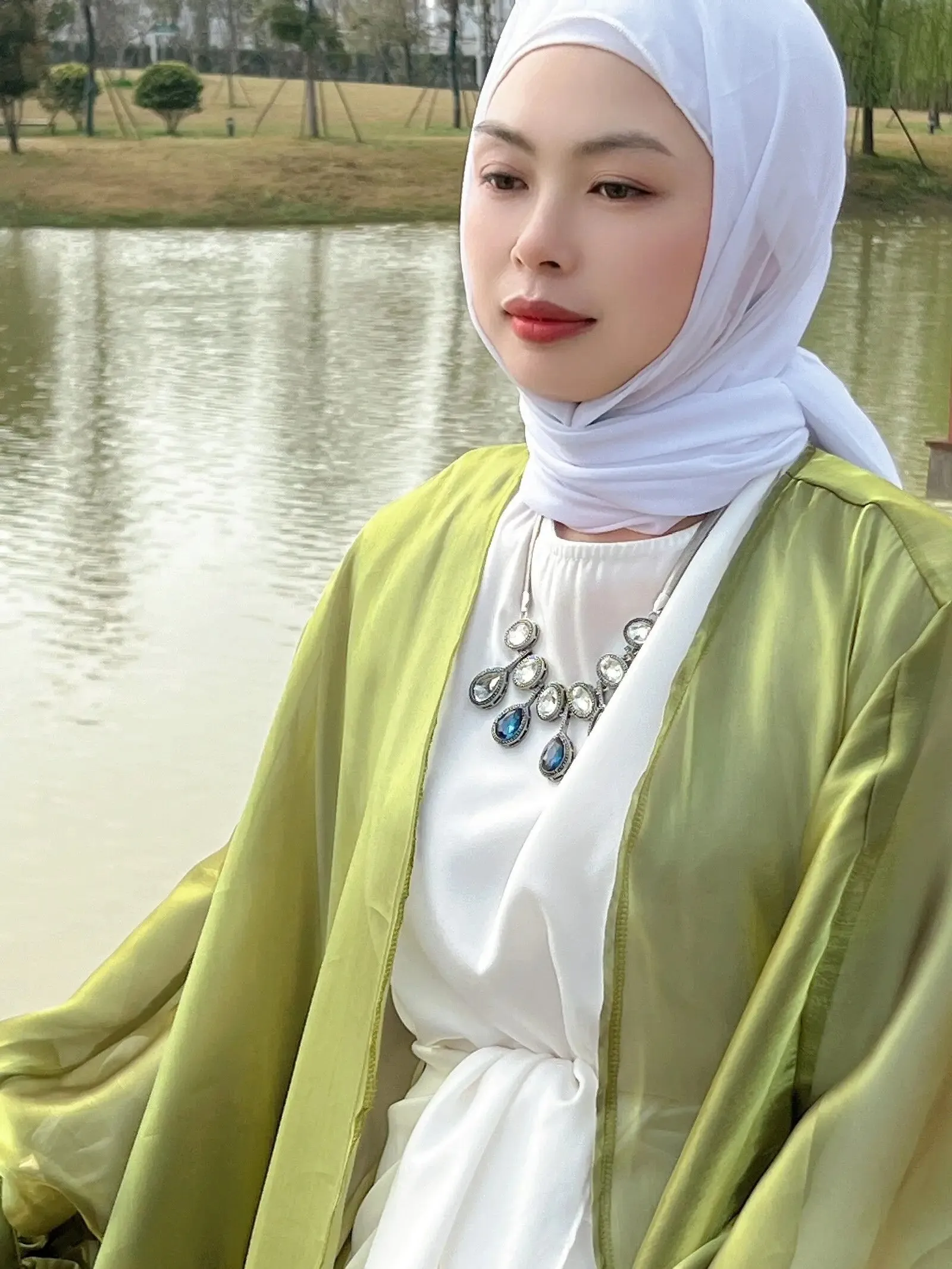 Shinny Women Open Abaya With Ribbon Cuff