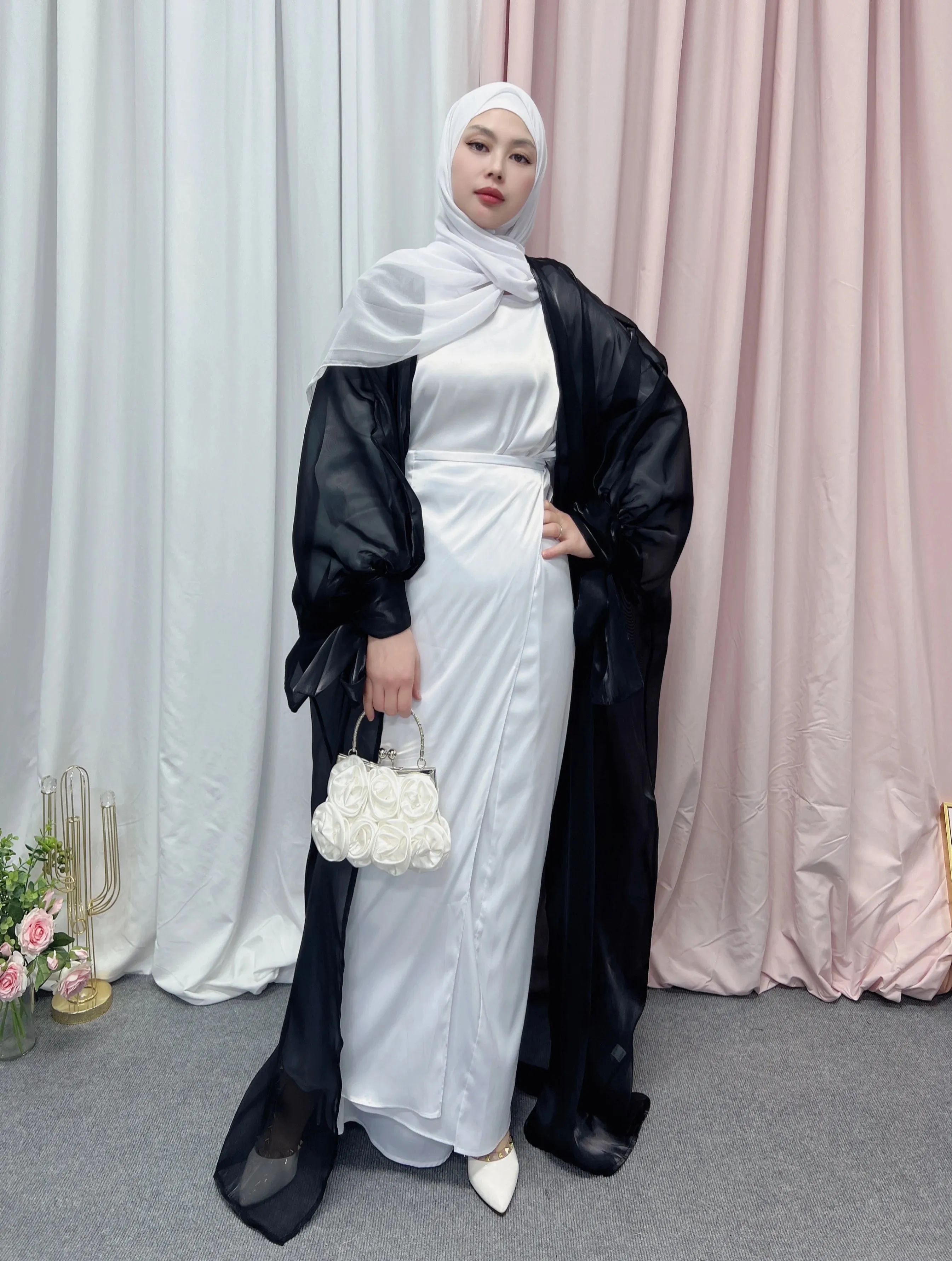 Shinny Women Open Abaya With Ribbon Cuff