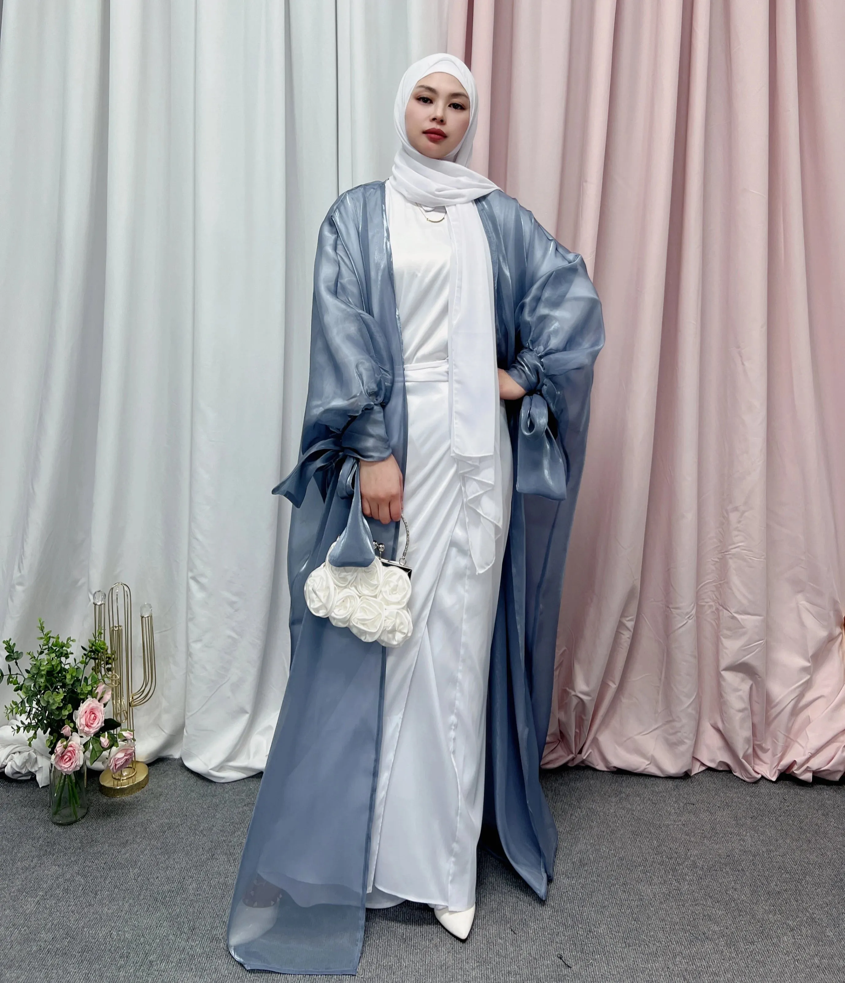 Shinny Women Open Abaya With Ribbon Cuff