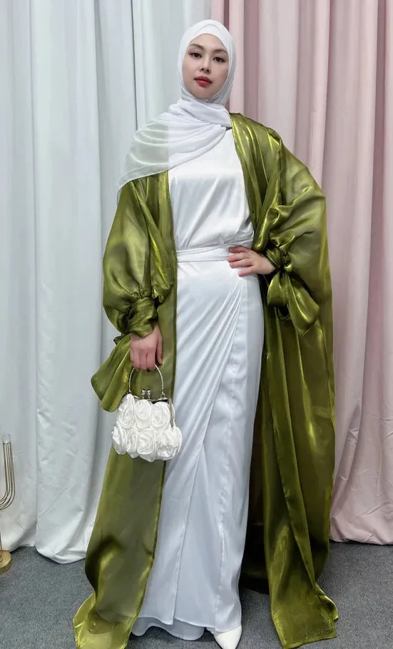 Shinny Women Open Abaya With Ribbon Cuff