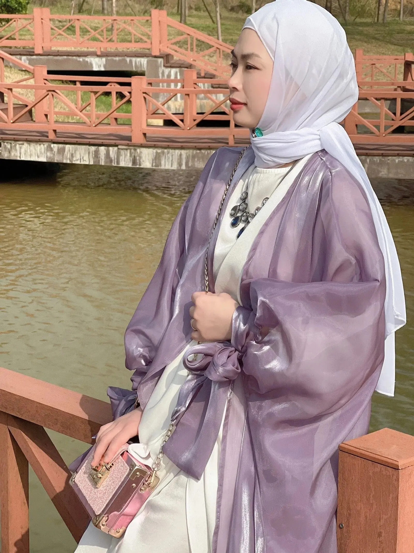 Shinny Women Open Abaya With Ribbon Cuff