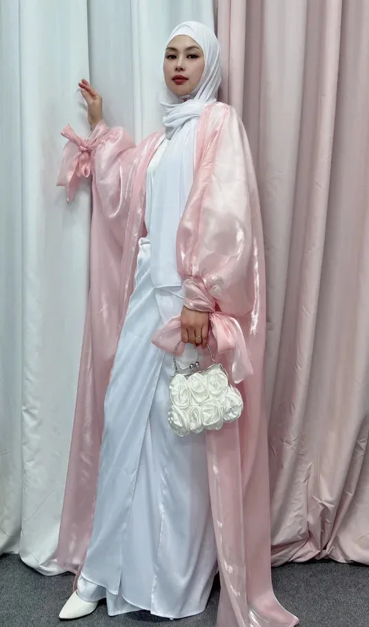 Shinny Women Open Abaya With Ribbon Cuff