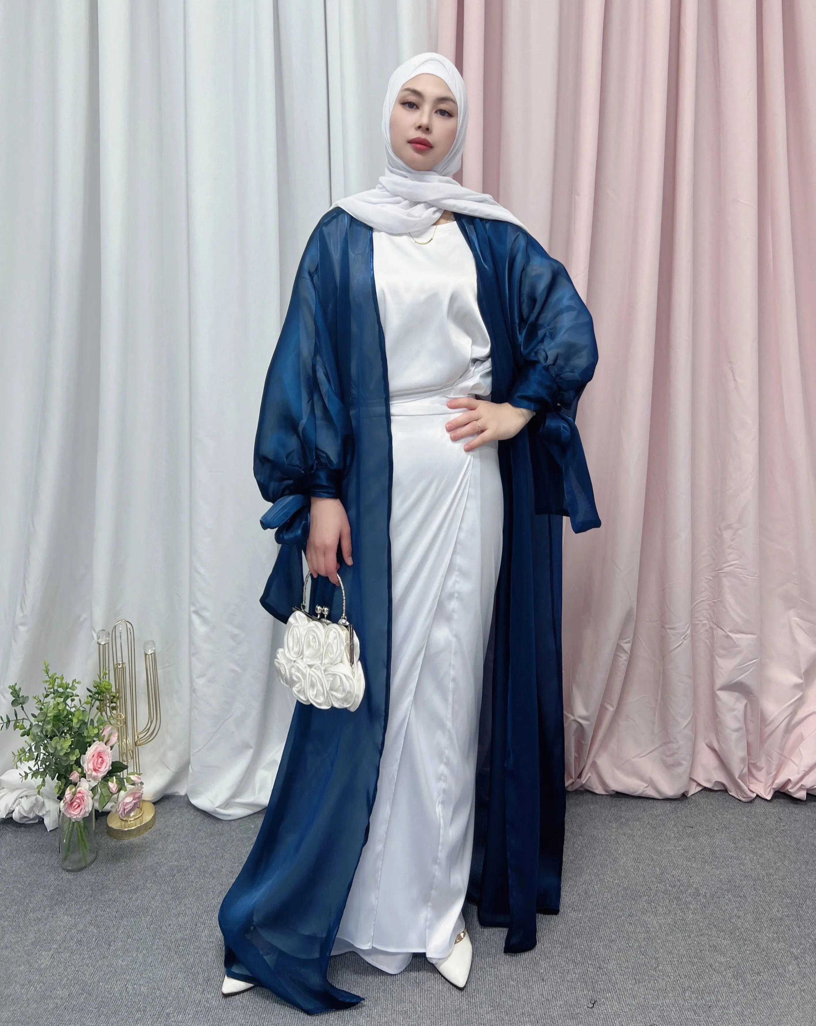 Shinny Women Open Abaya With Ribbon Cuff