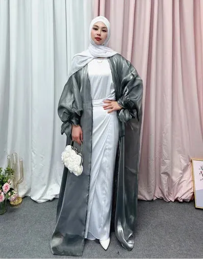 Shinny Women Open Abaya With Ribbon Cuff