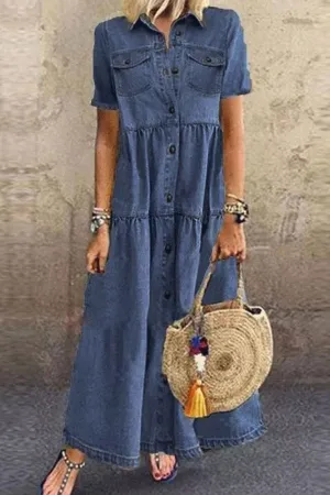 Short Sleeve Cotton Solid Color Maxi Dress