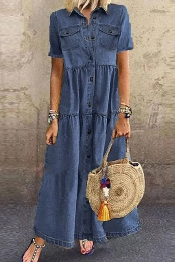 Short Sleeve Cotton Solid Color Maxi Dress