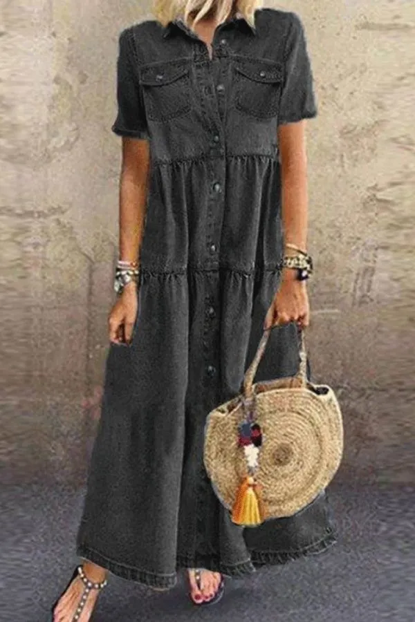 Short Sleeve Cotton Solid Color Maxi Dress