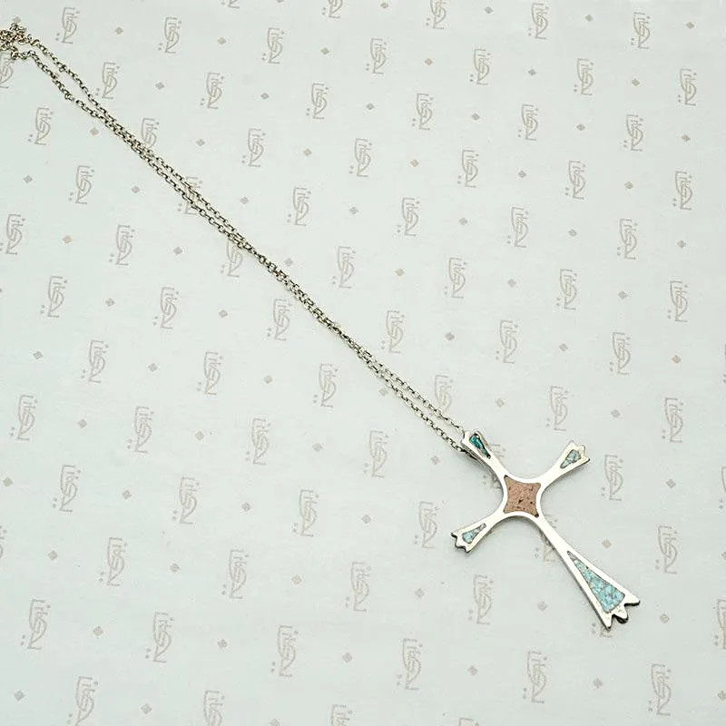Silver Cross Inlaid with Coral and Turquoise