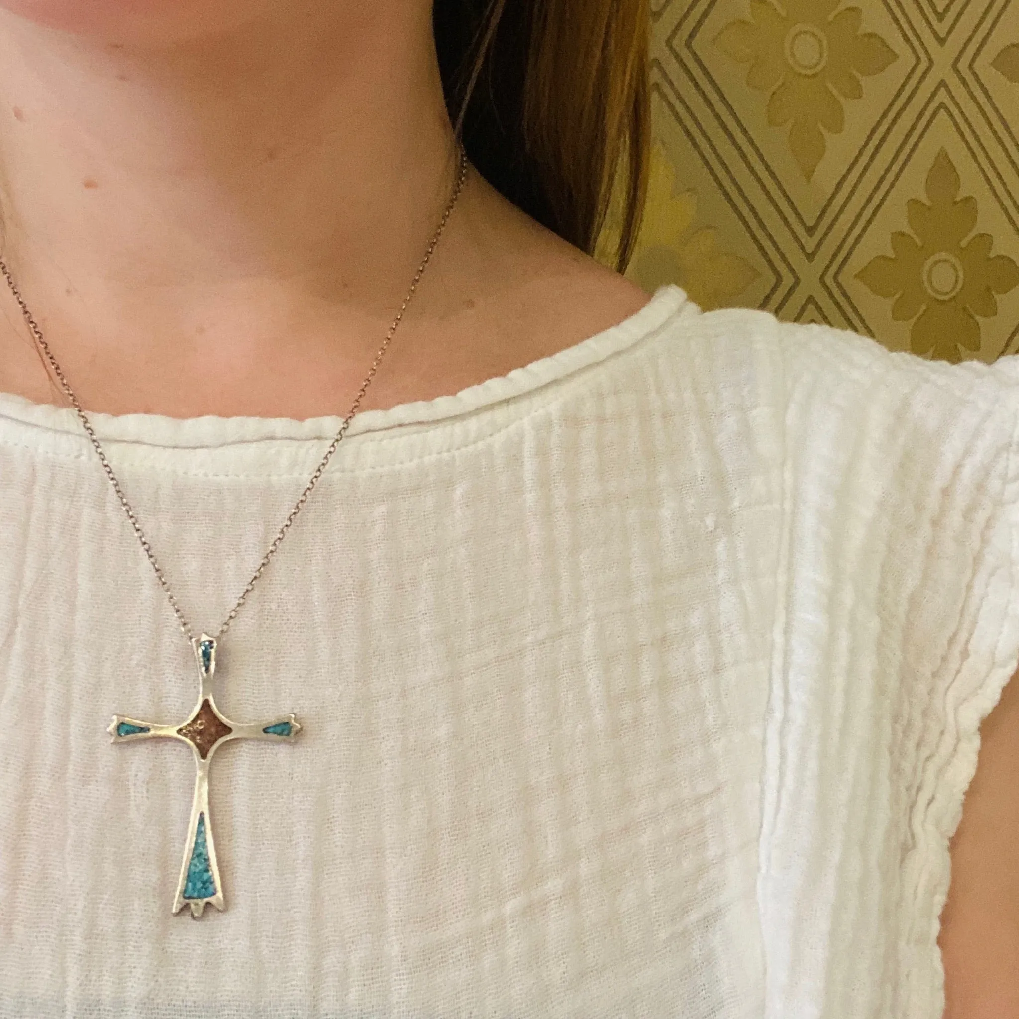 Silver Cross Inlaid with Coral and Turquoise