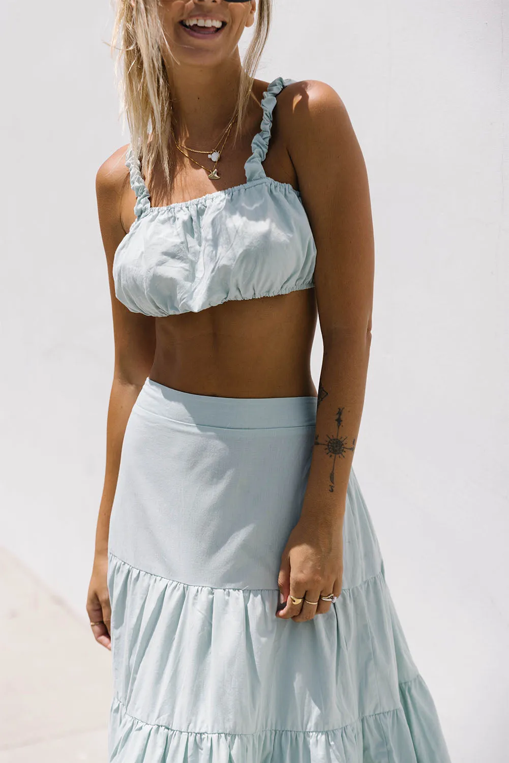 Sky Blue 2pcs Solid Color Crop Top Tiered Maxi Skirt Set