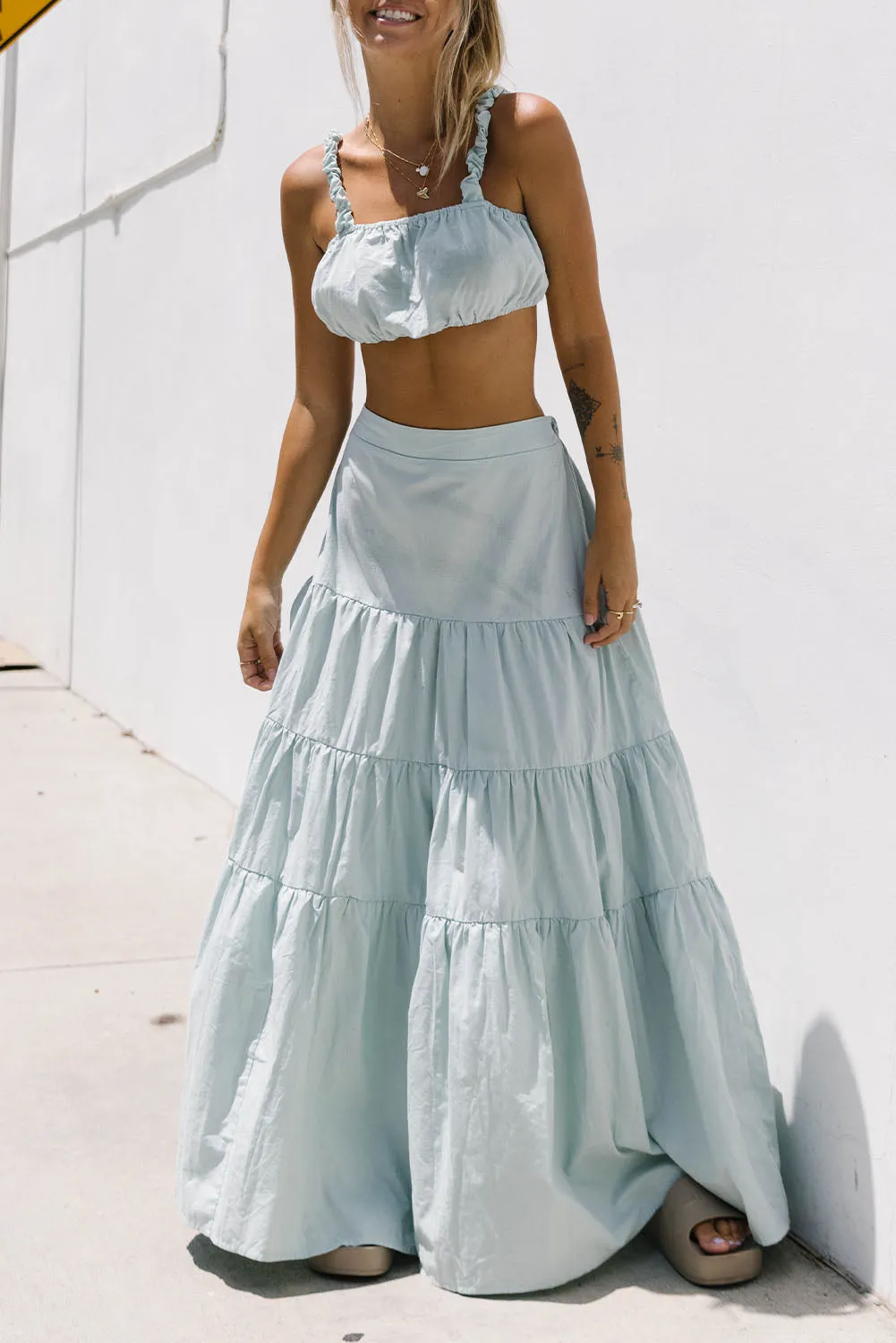 Sky Blue 2pcs Solid Color Crop Top Tiered Maxi Skirt Set