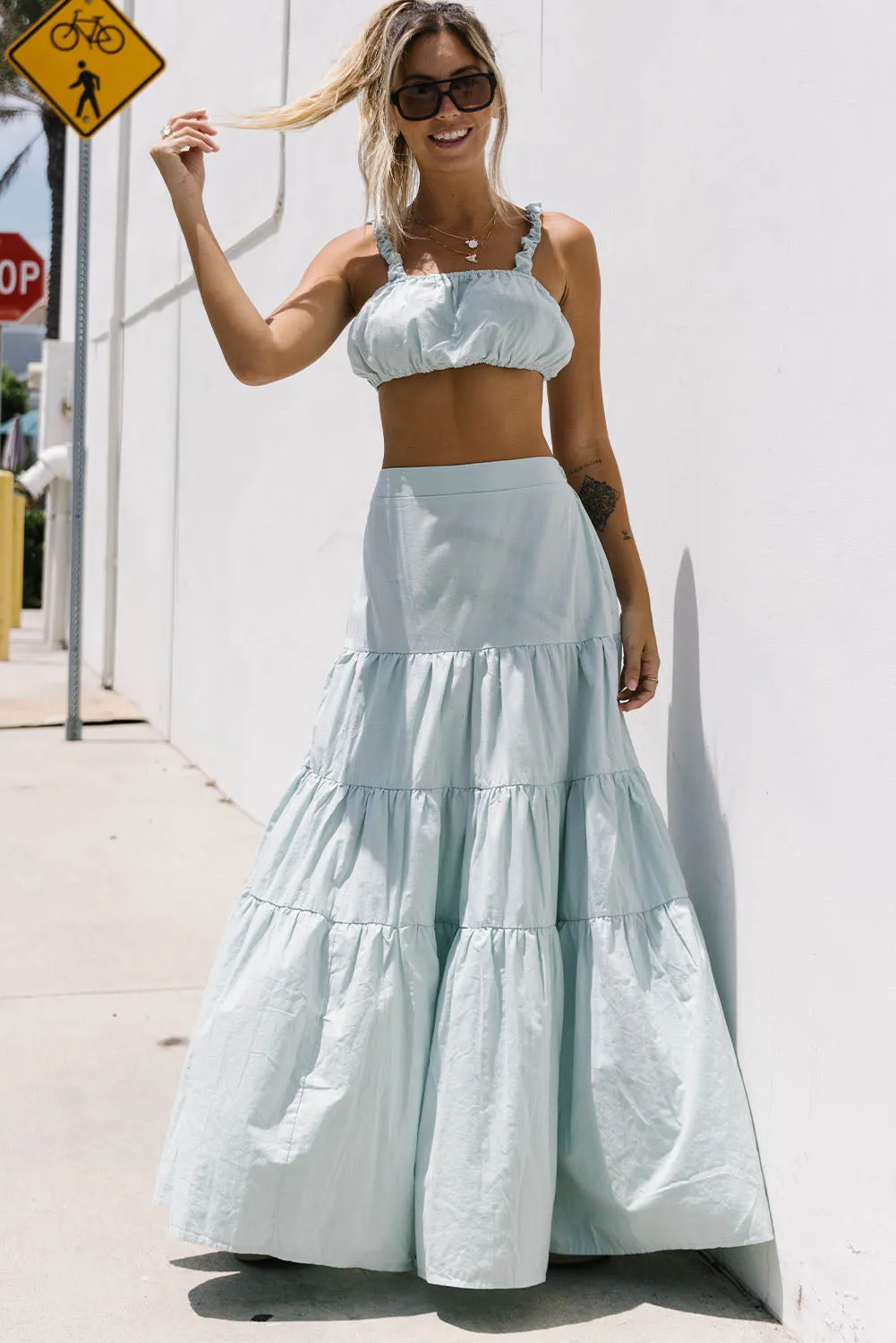 Sky Blue 2pcs Solid Color Crop Top Tiered Maxi Skirt Set